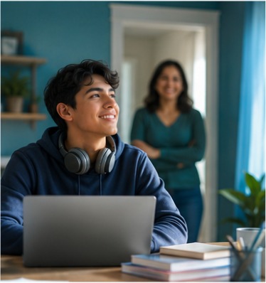 A young man with headphones at his laptop, his mother proud in the doorway