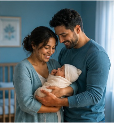 Parents cradling their newborn in a nursery