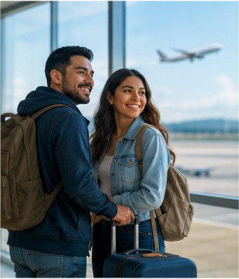 A couple at the airport with luggage, a plane overhead