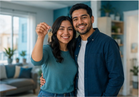 A couple holding up the keys to their new place