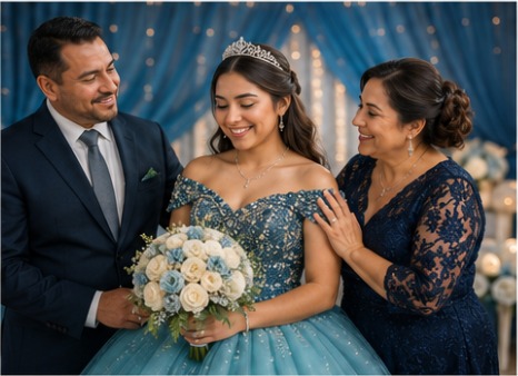 A quinceaÃ±era with her parents