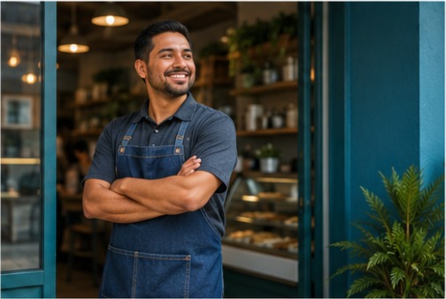 A small-business owner proud in the doorway of their shop